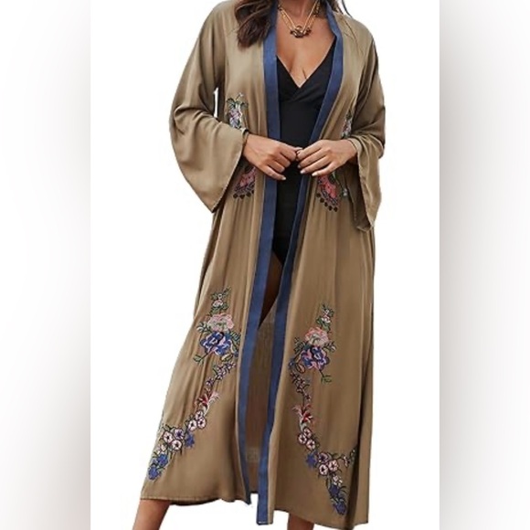 be juliet Tops - Brown Floral Embroidered Long Kimono Duster Robe Festival Boho Lagenlook OS